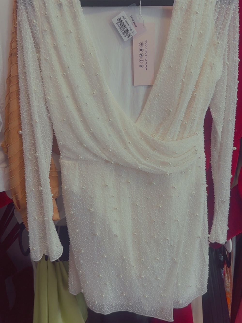 Oh Polly Cream Pearl-Embellished Long Sleeve V-Neck Dress